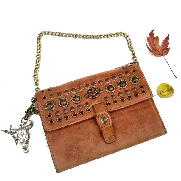 Reworked Patricia Nash Studded Italian Leather Bag w/ Brass Chain Strap & Charm - Picture 3 of 16